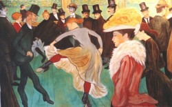 Painting, oils on canvas. Toulouse Lautrec- Dance at the Moulin Rouge. Re-composed slightly for the dimensions the client required. To the right, the same painting re-composed more drastically for a client who wanted a vertical composition. 100 x 160 cm (39 x 63 in)