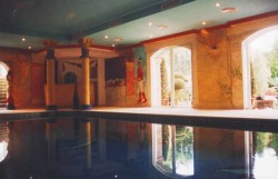 Two views of the big room with interior swimming pool & Jacuzzi where we painted every surface but the floor, below, some details