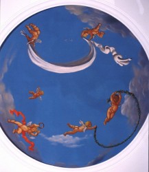 Sky with cherubs on a cupola of a bathroom ceiling