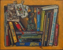 Bookshelf II, books with Spanish playing cards. Oil painting on panel 21 x 25 cm