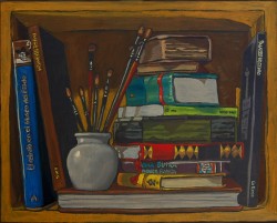 Bookshelf I, books with brushes.  Oil painting on panel 21 x 25 cm