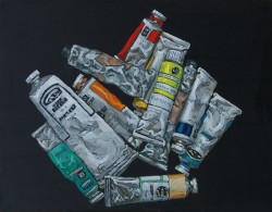 Tubes of oil paints. Oil painting on panel 30 x 45 cm